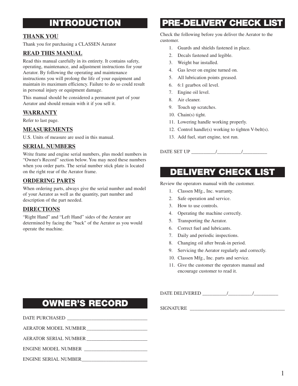 Pre-delivery check list, Delivery check list, Introduction | Owner’s record | Classen 60-RT User Manual | Page 3 / 30