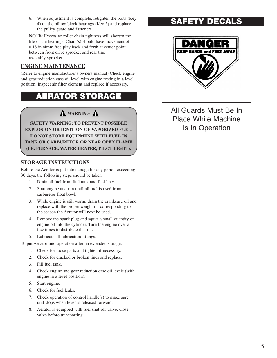 Safety decals, Aerator storage | Classen 60-RT User Manual | Page 7 / 30