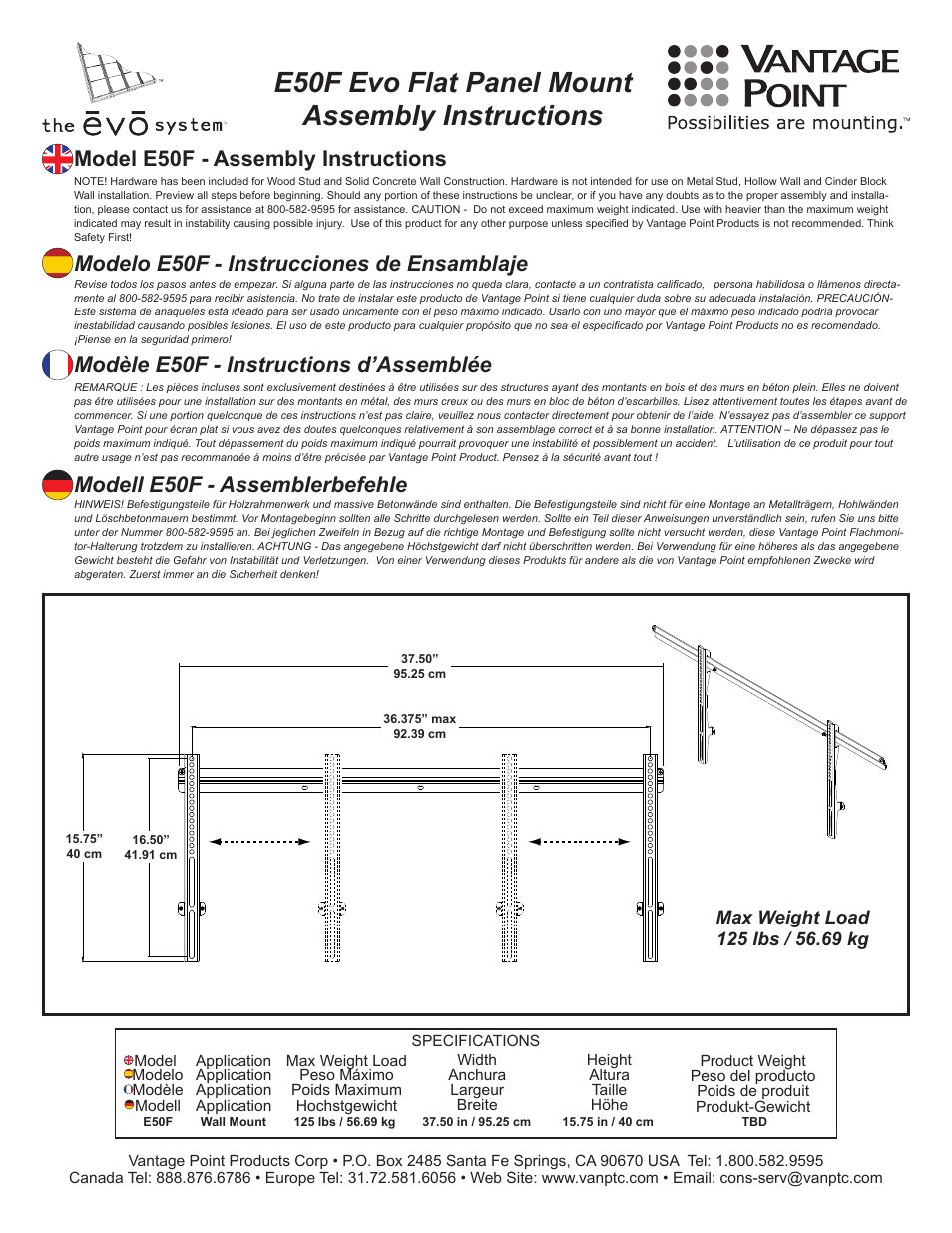 E50f 11-30-10.pdf, E50f evo flat panel mount assembly instructions, Model e50f - assembly instructions | Modelo e50f - instrucciones de ensamblaje, Modell e50f - assemblerbefehle, Modèle e50f - instructions d’assemblée | Vantage Point ES Series - ESH4B-BW User Manual | Page 12 / 17