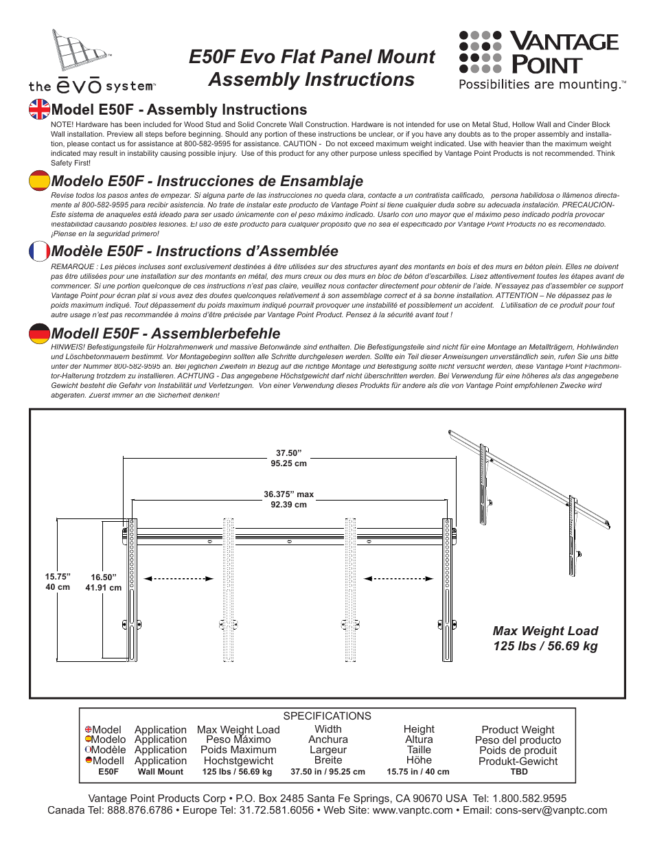 E50f evo flat panel mount assembly instructions, Modelo e50f - instrucciones de ensamblaje, Modell e50f - assemblerbefehle | Modèle e50f - instructions d’assemblée | Vantage Point ES Series - 294732 User Manual | Page 10 / 15