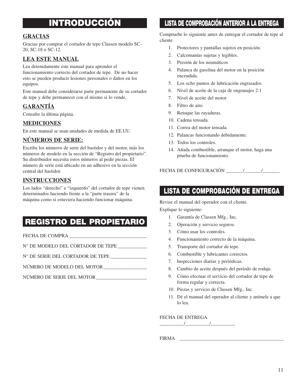 Introducción, Lista de comprobación anterior a la entrega, Lista de comprobación de entrega | Registro del propietario | Classen SC-18/8.0 User Manual | Page 13 / 22
