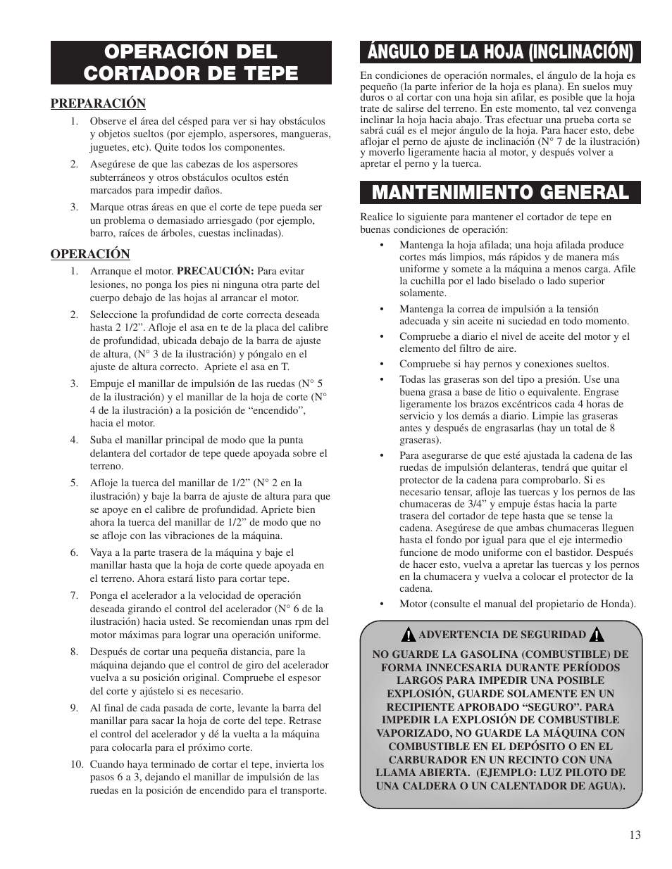 Operación del cortador de tepe, Ángulo de la hoja (inclinación), Mantenimiento general | Classen SC-18/8.0 User Manual | Page 15 / 22