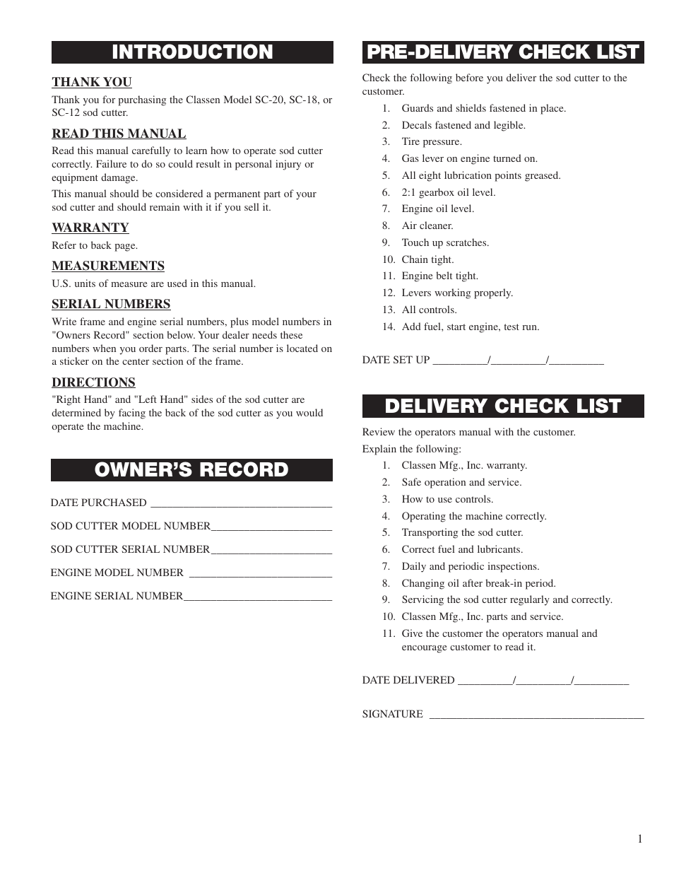 Pre-delivery check list, Delivery check list, Introduction | Owner’s record | Classen SC-18/8.0 User Manual | Page 3 / 22