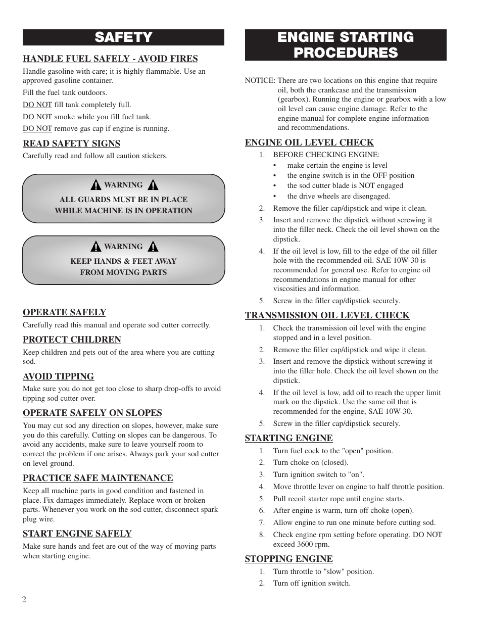 Safety, Engine starting procedures | Classen SC-18/8.0 User Manual | Page 4 / 22
