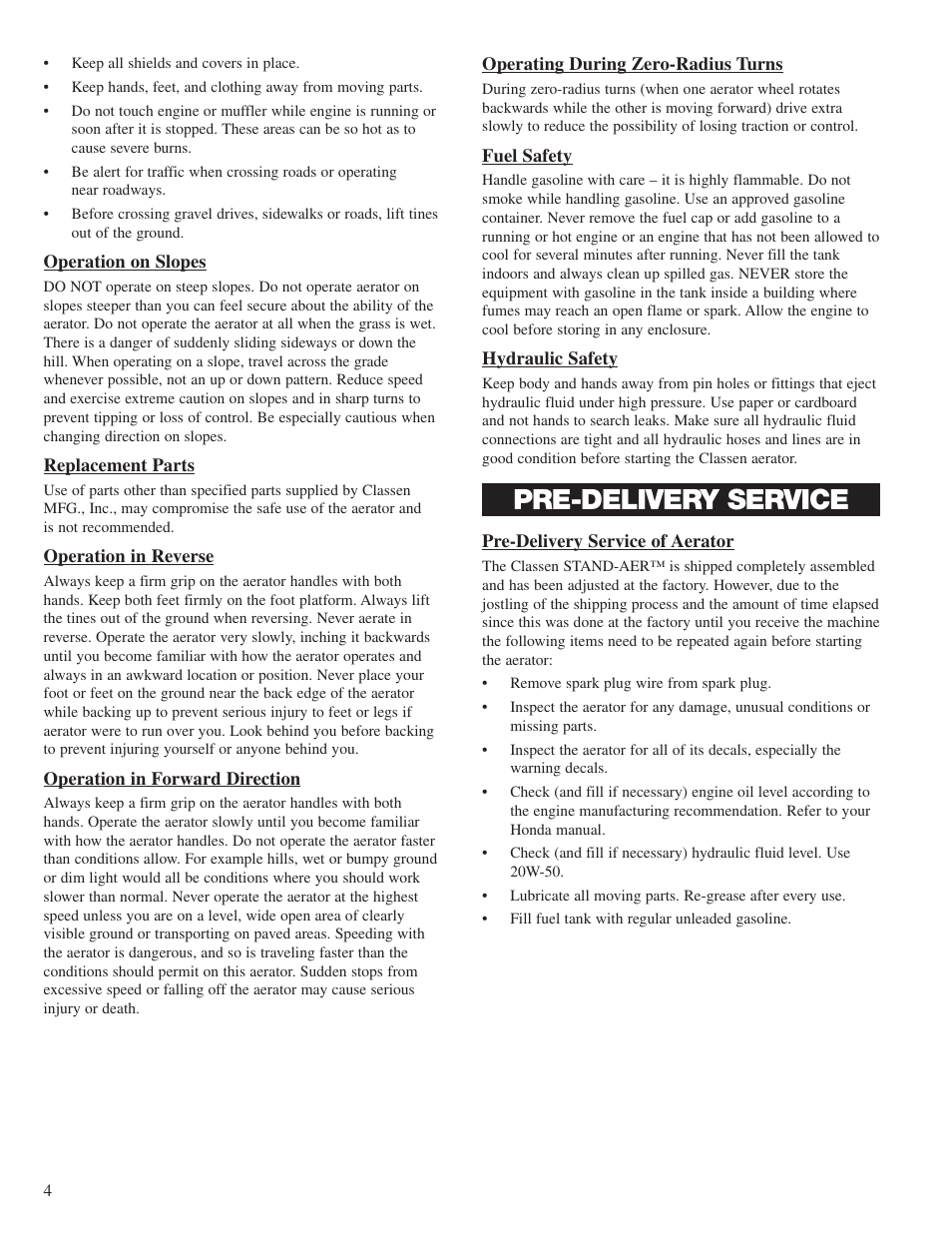 Pre-delivery service | Classen STAND-AER SA-25 User Manual | Page 4 / 16