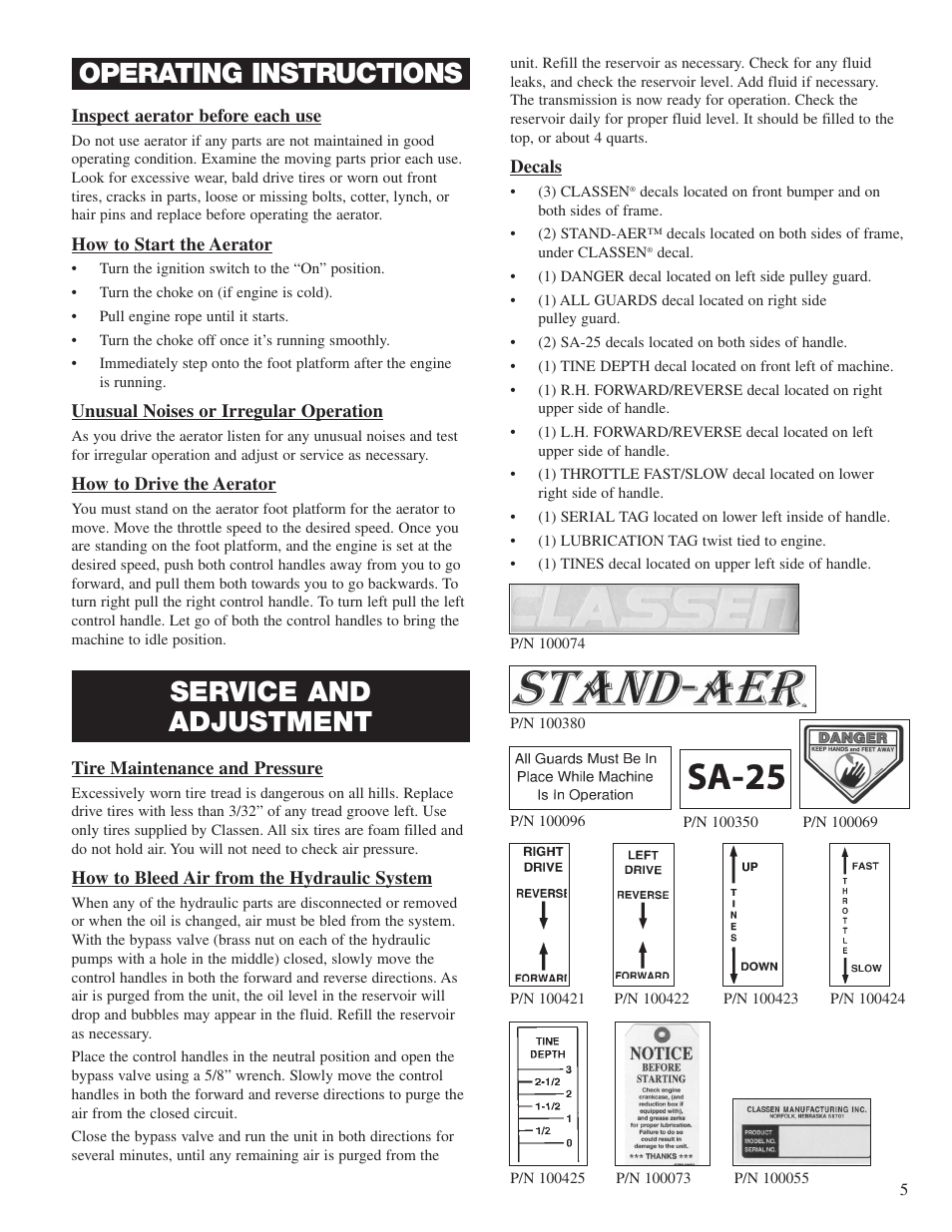 Operating instructions, Service and adjustment | Classen STAND-AER SA-25 User Manual | Page 5 / 16