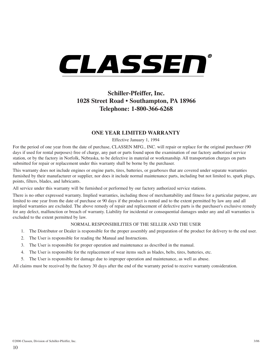 Warranty | Classen SC-20 User Manual | Page 12 / 24