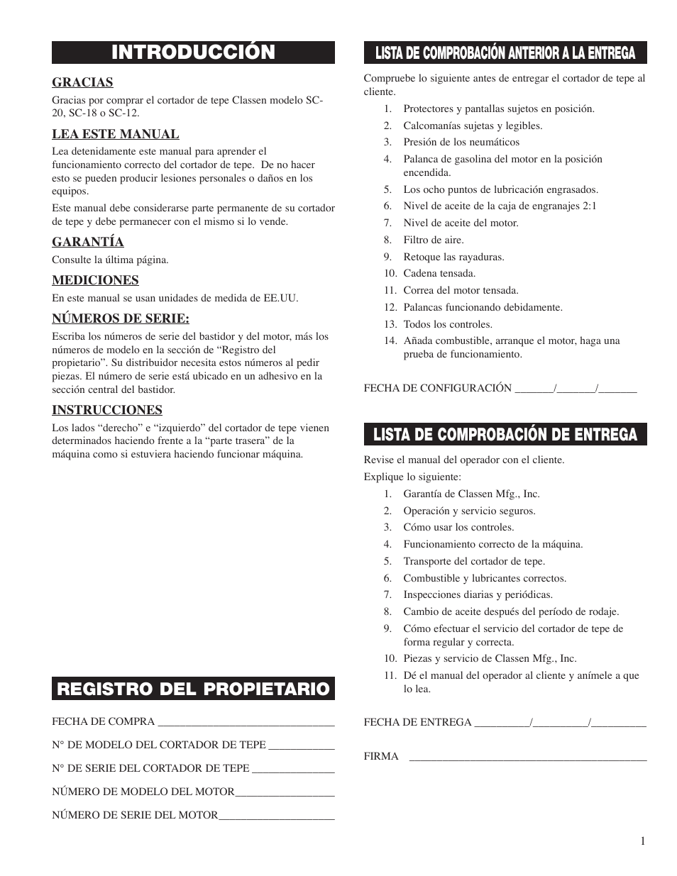 Introcucción, Registro del propietario, Lista de comprobación anterior a la entrega | Lista de comprobación de entrega, Introducción | Classen SC-20 User Manual | Page 15 / 24