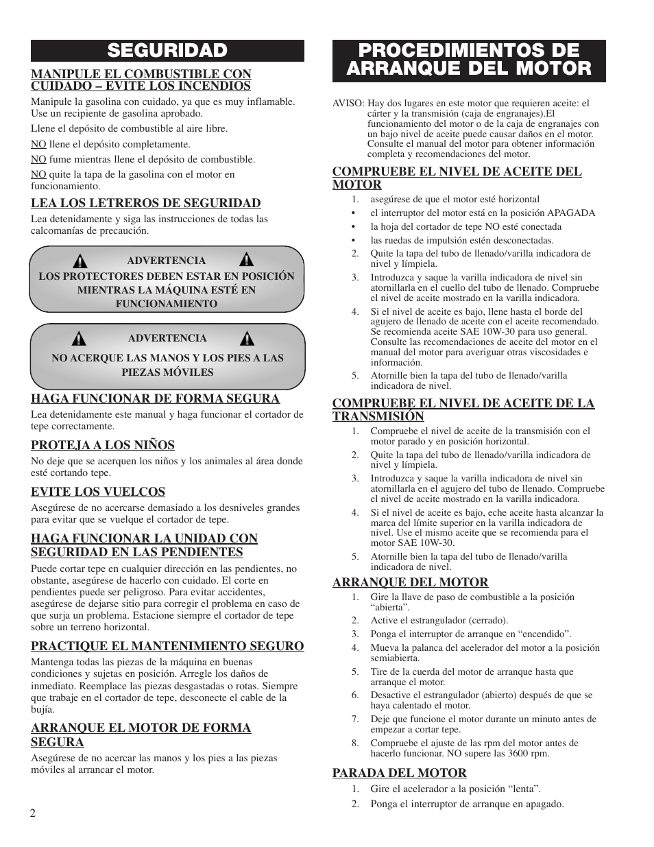 Seguridad, Procedimientos de arranque del motor | Classen SC-20 User Manual | Page 16 / 24