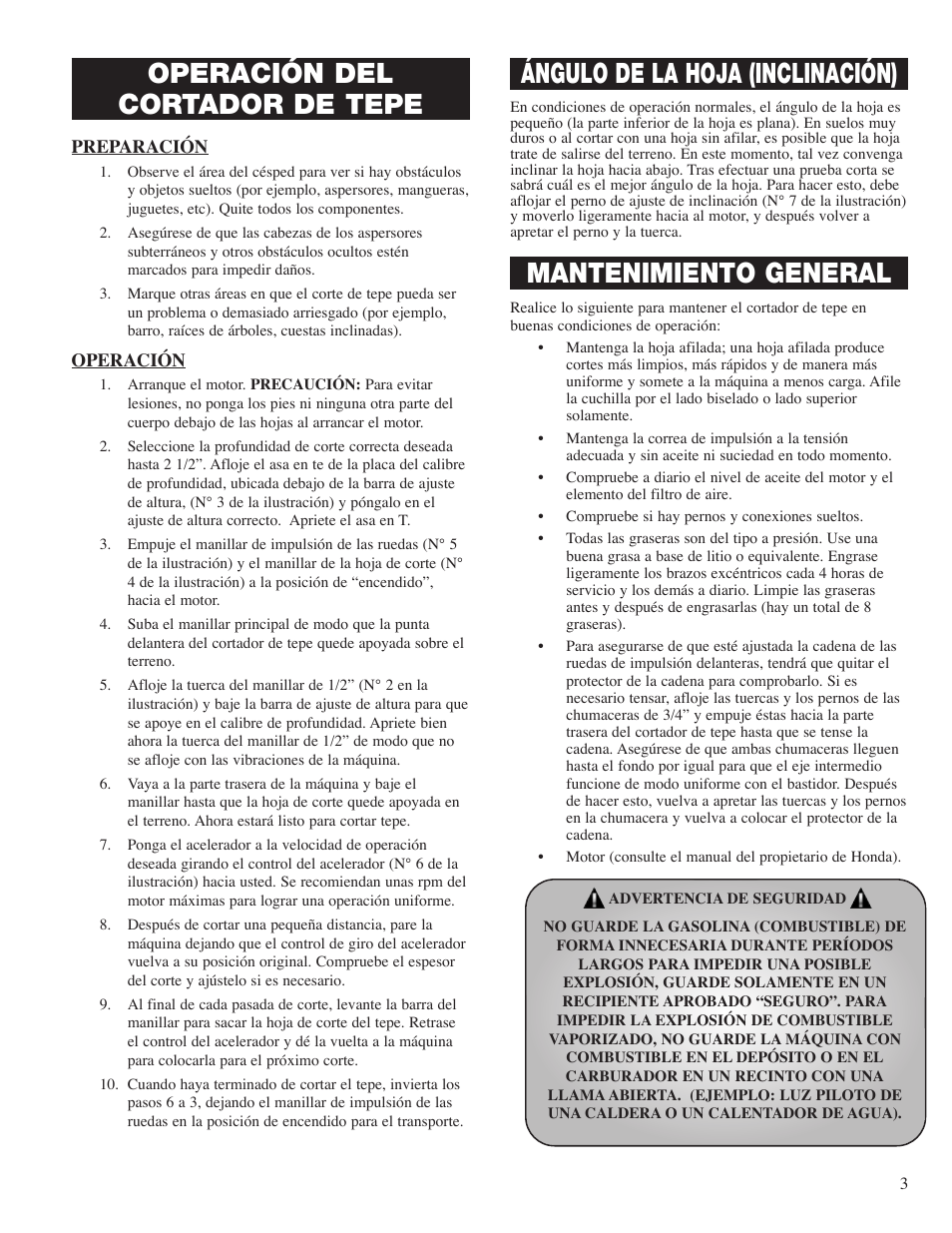 Cómo hacer funcionar el cortador de tepe, Ángulo de la hoja (inclinación), Mantenimiento general | Operación del cortador de tepe | Classen SC-20 User Manual | Page 17 / 24