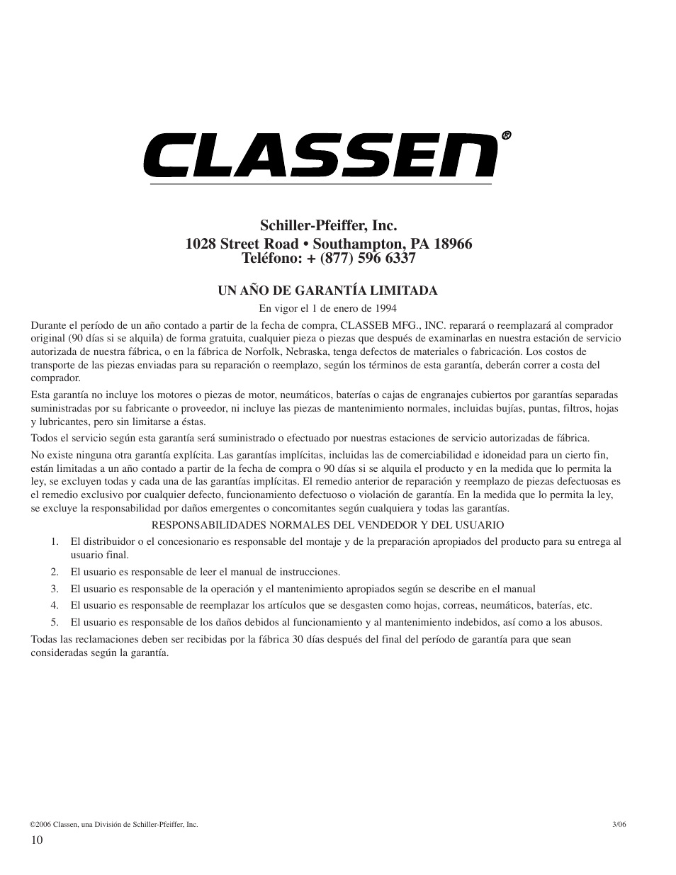 Garantía limitada de un aсo | Classen SC-20 User Manual | Page 24 / 24