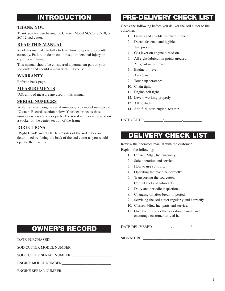 Introduction, Owner's record, Pre-delivery check list | Delivery check list, Owner’s record | Classen SC-20 User Manual | Page 3 / 24