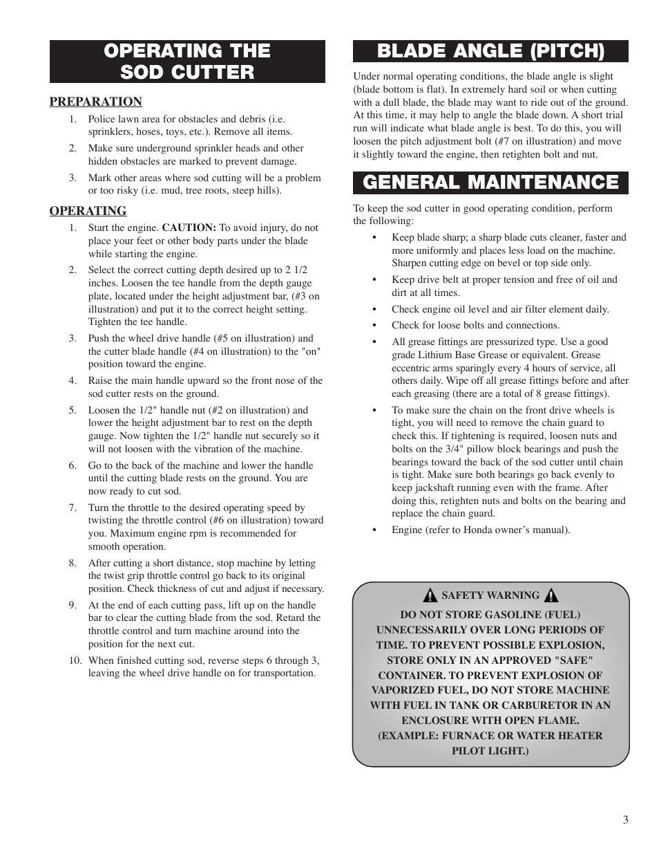 Operating the sod cutter, Blade angle (pitch), General maintenance | Classen SC-20 User Manual | Page 5 / 24