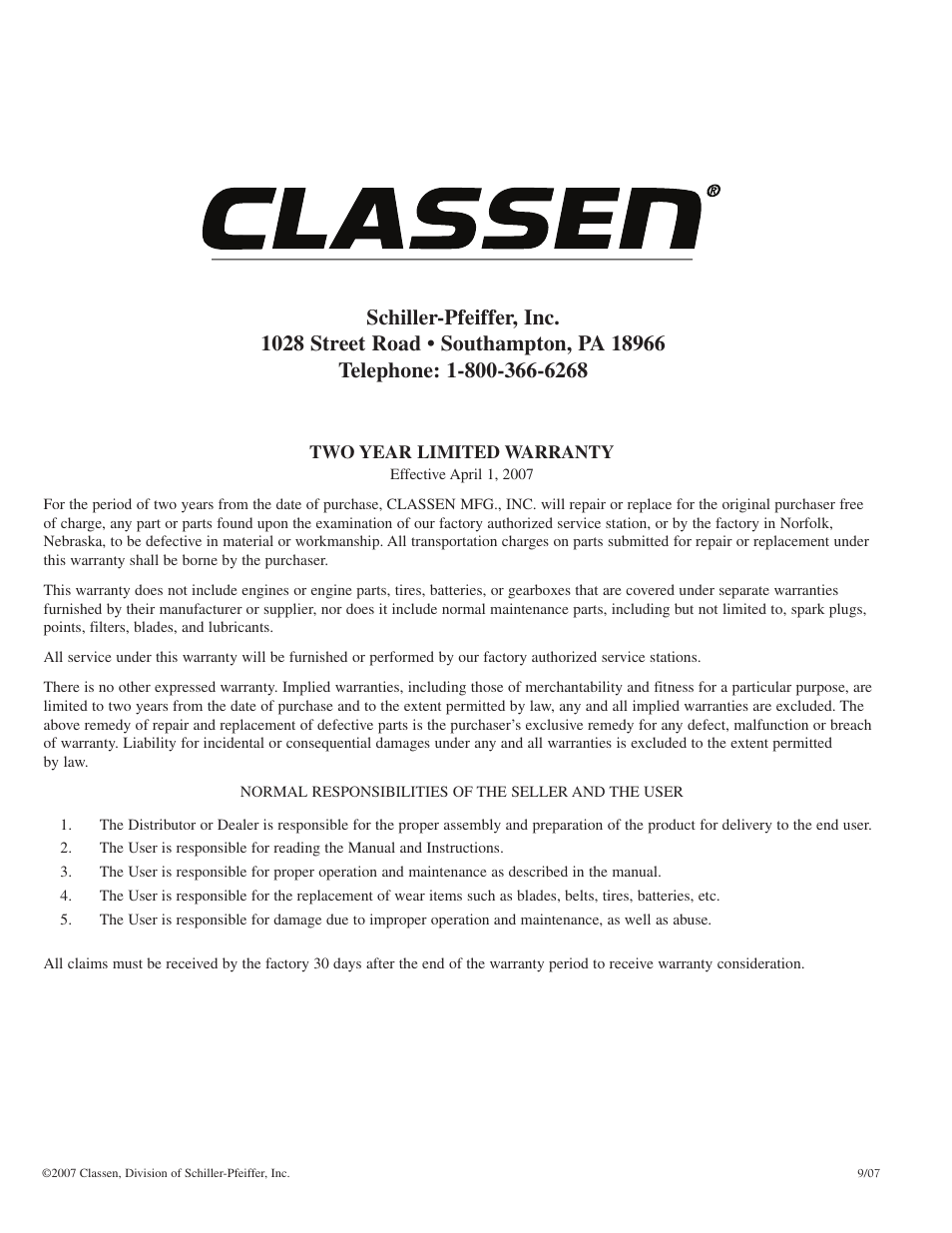 Classen TURF RAKE TSS-20 User Manual | Page 18 / 18