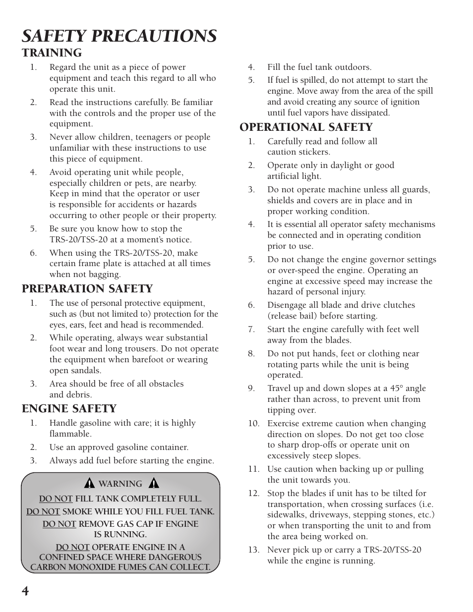 Safety precautions, Training, Preparation safety | Engine safety, Operational safety | Classen TURF RAKE TSS-20 User Manual | Page 4 / 18