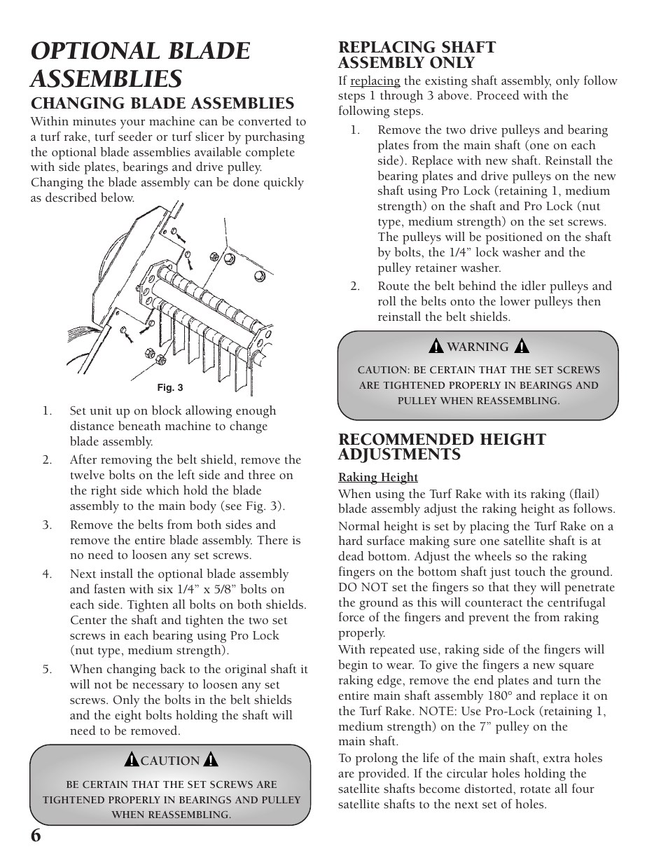 Optional blade assemblies, Changing blade assemblies, Replacing shaft assembly only | Recommended height adjustments | Classen TURF RAKE TSS-20 User Manual | Page 6 / 18