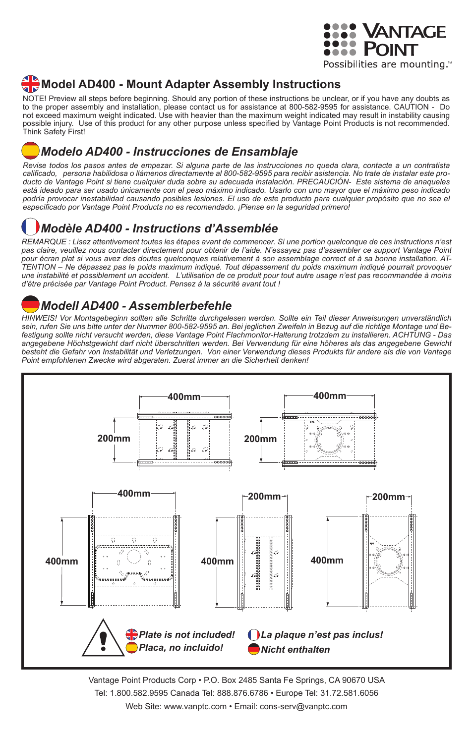 Vantage Point AD400 User Manual | 4 pages