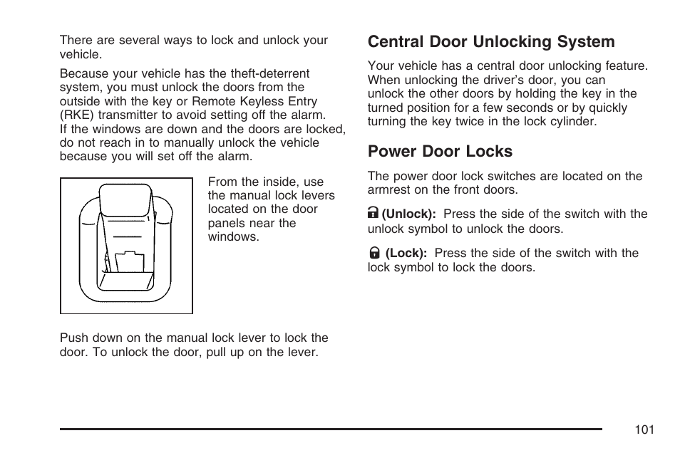 Central door unlocking system, Power door locks, Central door unlocking system power door locks | Cadillac 2007 SRX User Manual | Page 101 / 522