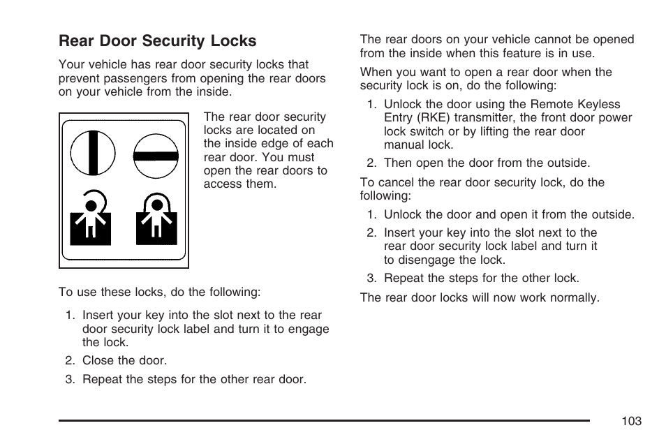 Rear door security locks | Cadillac 2007 SRX User Manual | Page 103 / 522