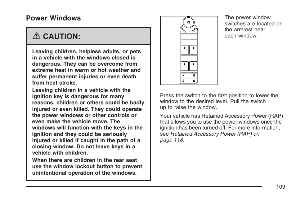 Power windows, Caution | Cadillac 2007 SRX User Manual | Page 109 / 522