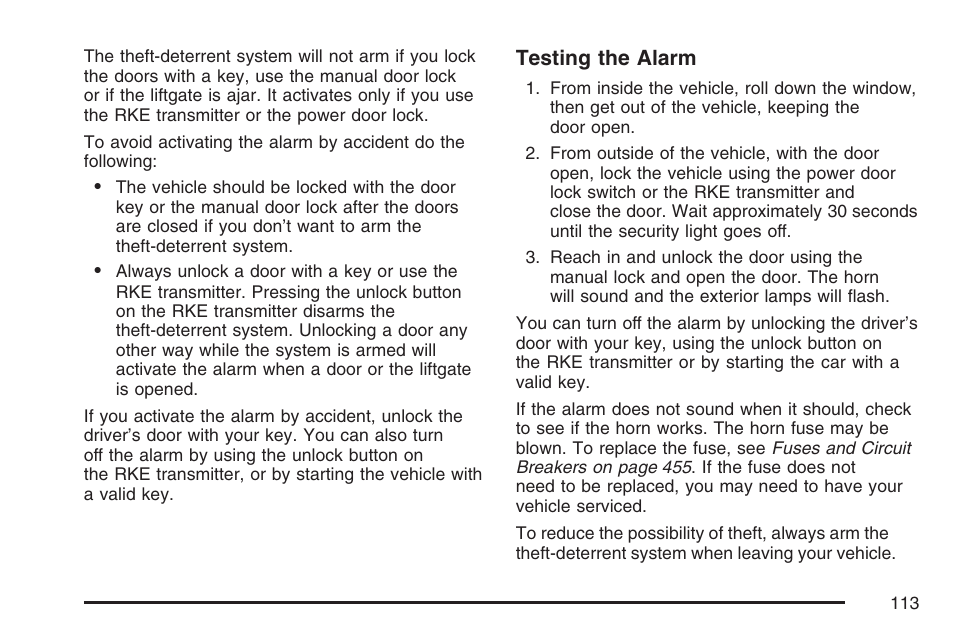 Testing the alarm | Cadillac 2007 SRX User Manual | Page 113 / 522