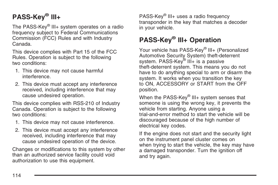 Pass-key® iii, Pass-key® iii+ operation, Pass-key | Iii+ operation | Cadillac 2007 SRX User Manual | Page 114 / 522