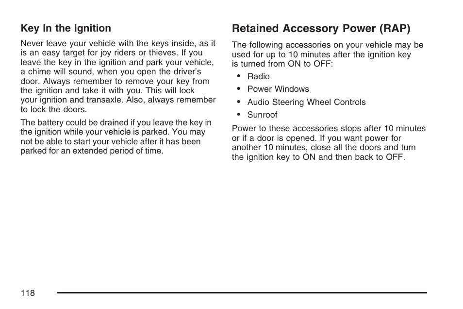 Retained accessory power (rap) | Cadillac 2007 SRX User Manual | Page 118 / 522