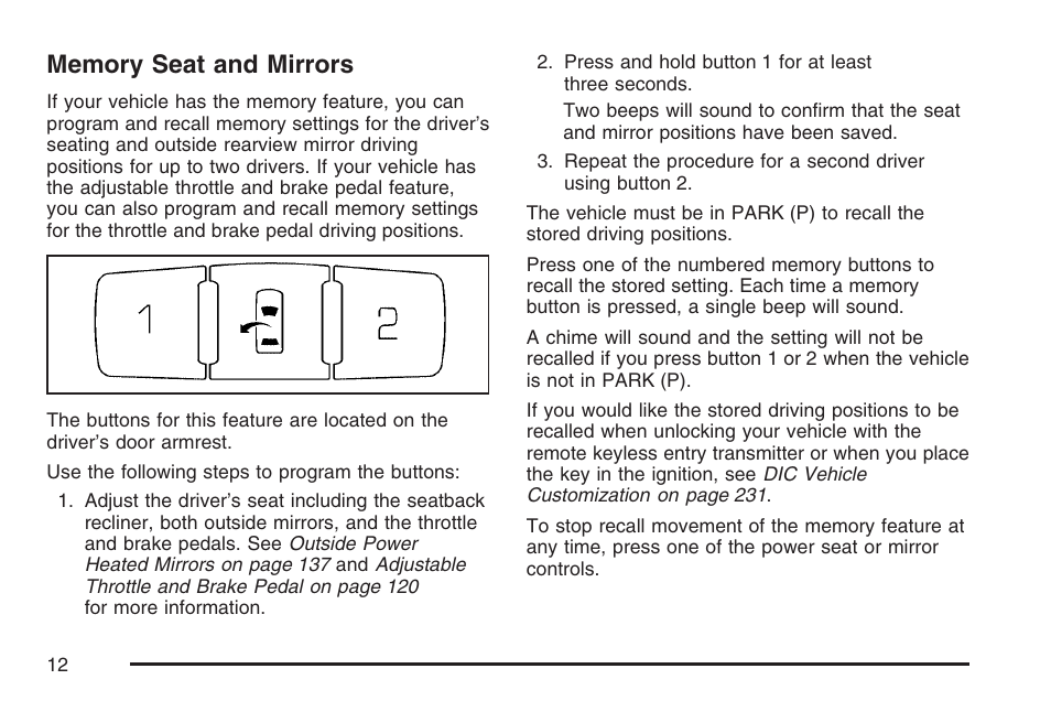 Memory seat and mirrors | Cadillac 2007 SRX User Manual | Page 12 / 522