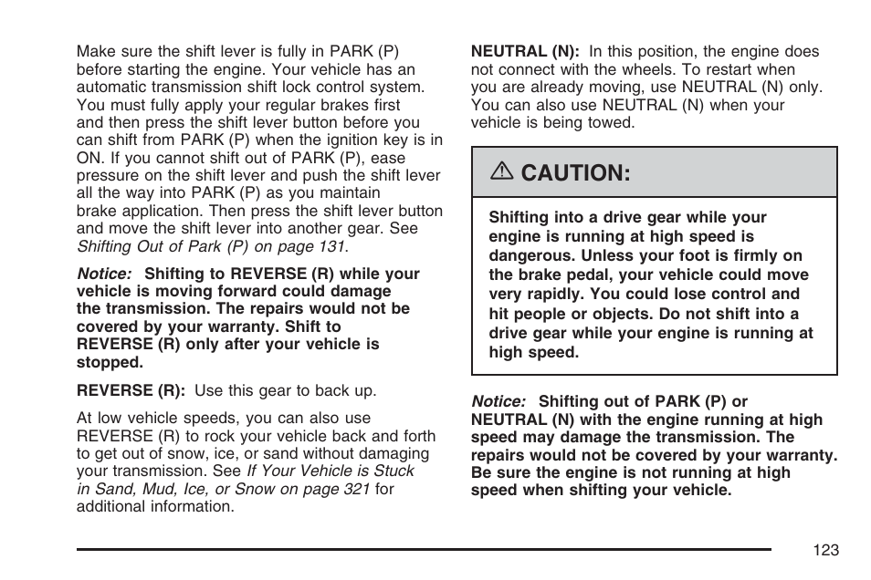 Caution | Cadillac 2007 SRX User Manual | Page 123 / 522