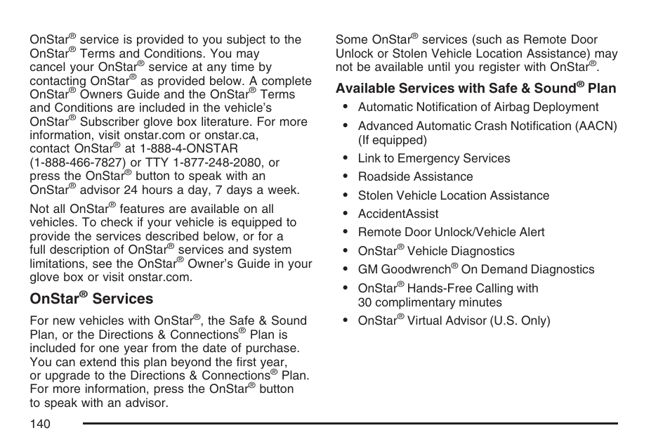 Onstar, Services | Cadillac 2007 SRX User Manual | Page 140 / 522