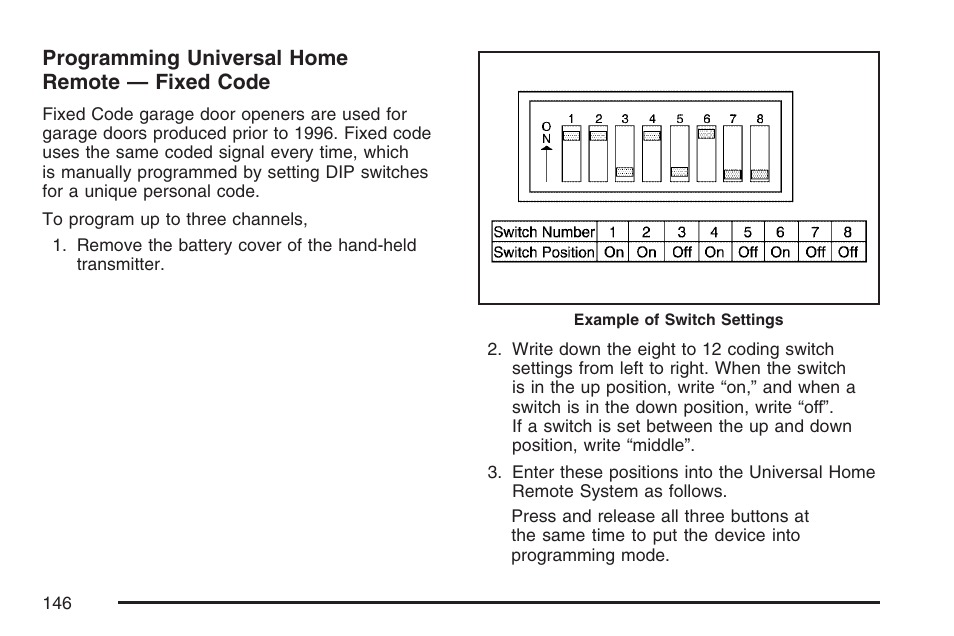 Programming universal home remote — fixed code | Cadillac 2007 SRX User Manual | Page 146 / 522