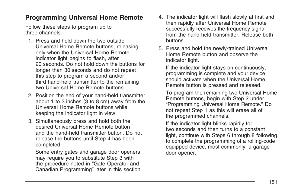 Programming universal home remote | Cadillac 2007 SRX User Manual | Page 151 / 522