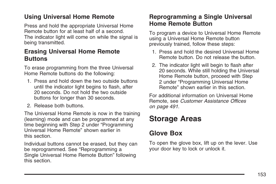 Storage areas, Glove box | Cadillac 2007 SRX User Manual | Page 153 / 522