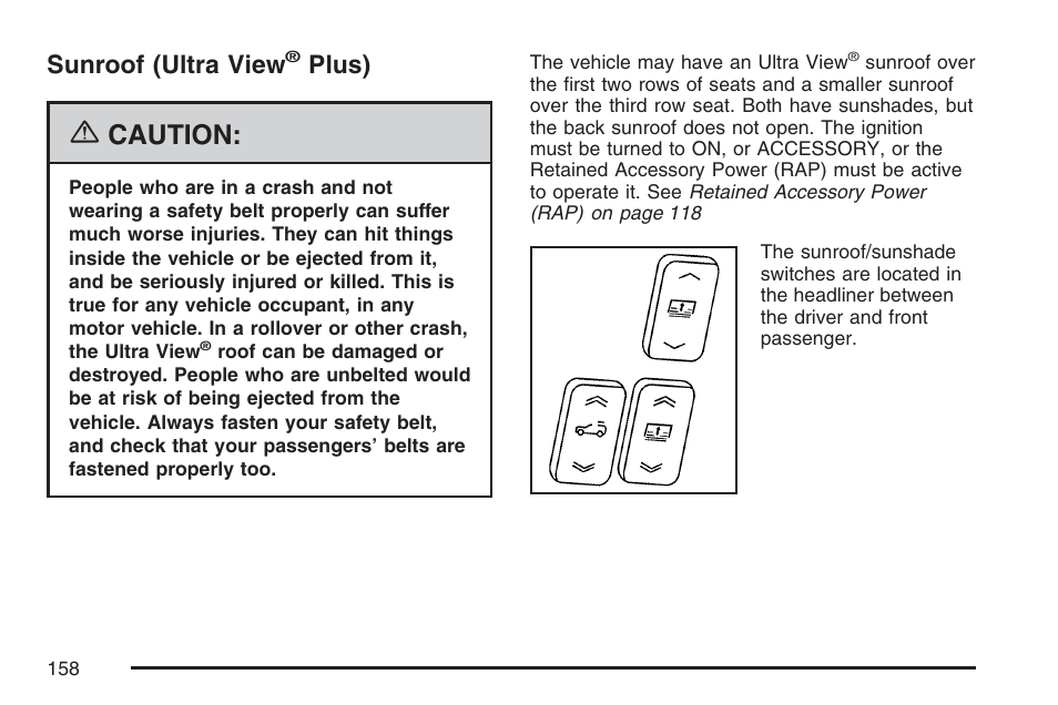 Sunroof (ultra view® plus), Sunroof (ultra view, Plus) | Caution | Cadillac 2007 SRX User Manual | Page 158 / 522