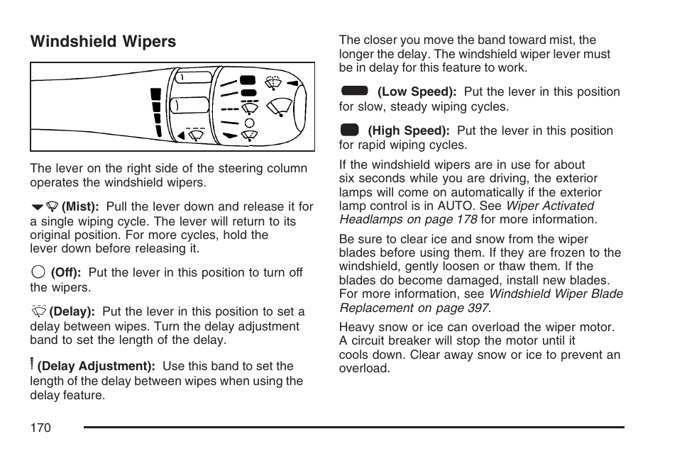 Windshield wipers, Windshield, Wipers | Cadillac 2007 SRX User Manual | Page 170 / 522