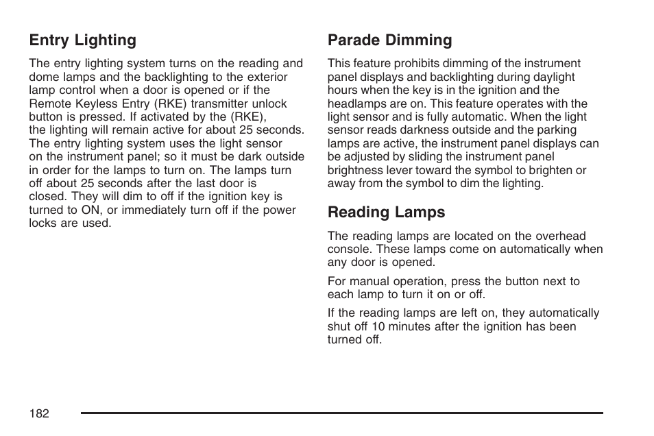 Entry lighting, Parade dimming, Reading lamps | Parade dimming reading lamps | Cadillac 2007 SRX User Manual | Page 182 / 522