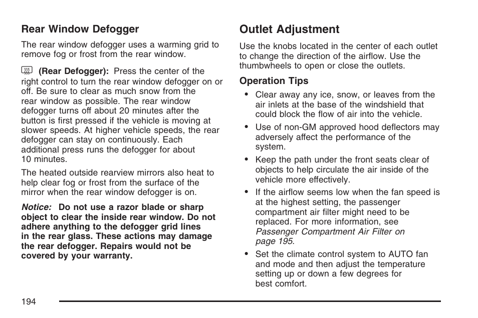 Outlet adjustment | Cadillac 2007 SRX User Manual | Page 194 / 522