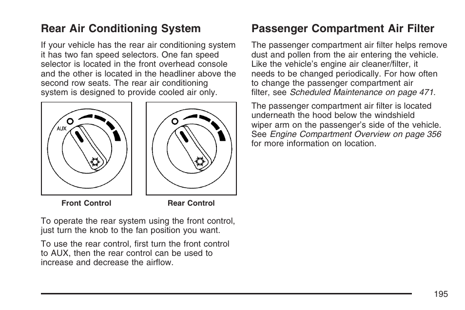 Rear air conditioning system, Passenger compartment air filter | Cadillac 2007 SRX User Manual | Page 195 / 522