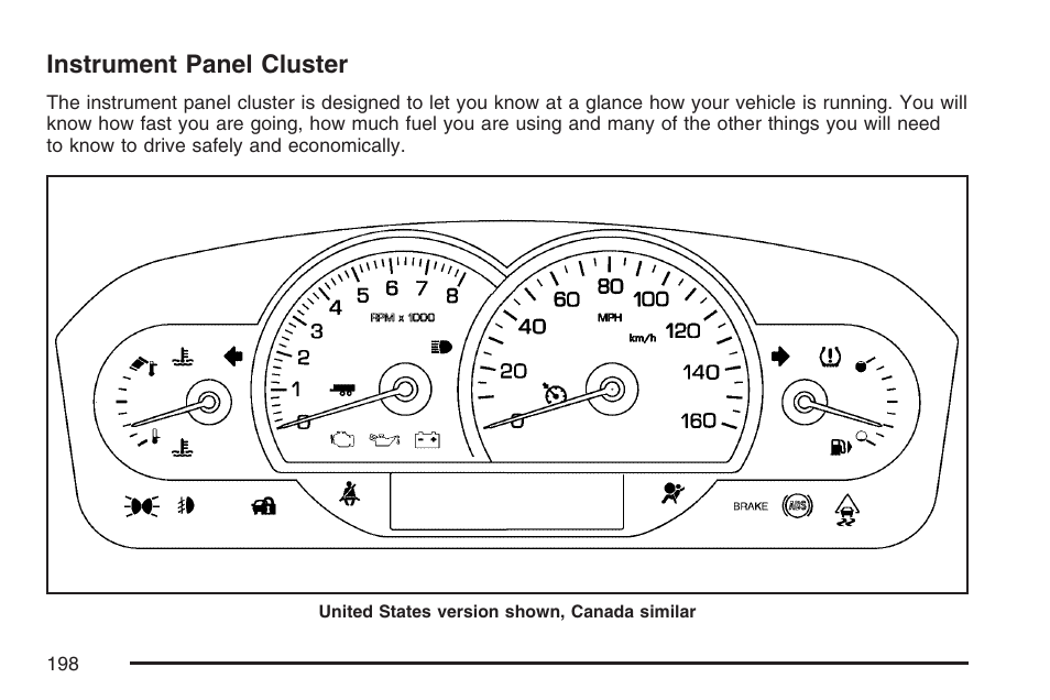 Instrument panel cluster, Instrument panel, Cluster | Cadillac 2007 SRX User Manual | Page 198 / 522