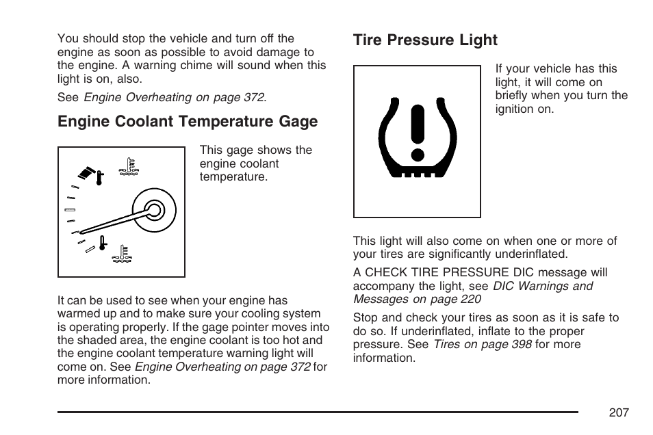 Engine coolant temperature gage, Tire pressure light | Cadillac 2007 SRX User Manual | Page 207 / 522