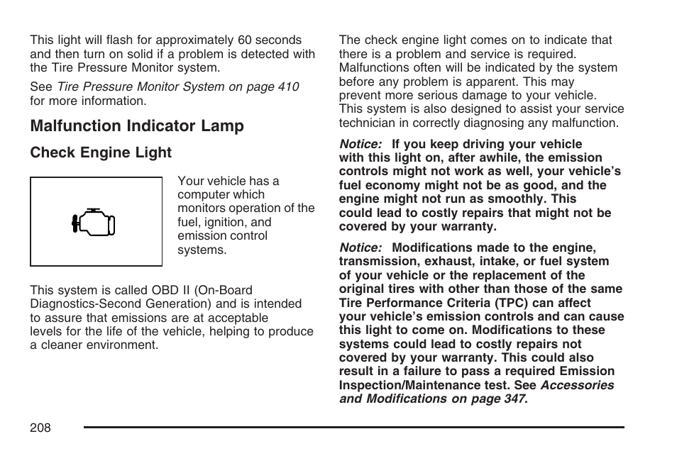 Malfunction indicator lamp | Cadillac 2007 SRX User Manual | Page 208 / 522