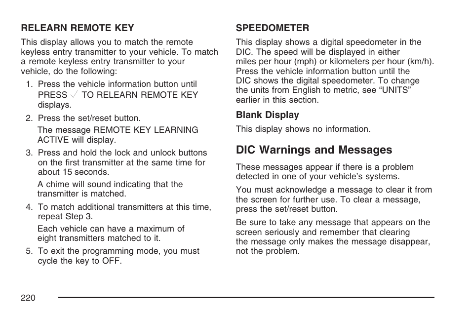 Dic warnings and messages | Cadillac 2007 SRX User Manual | Page 220 / 522