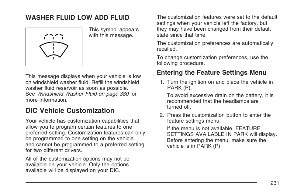 Dic vehicle customization | Cadillac 2007 SRX User Manual | Page 231 / 522