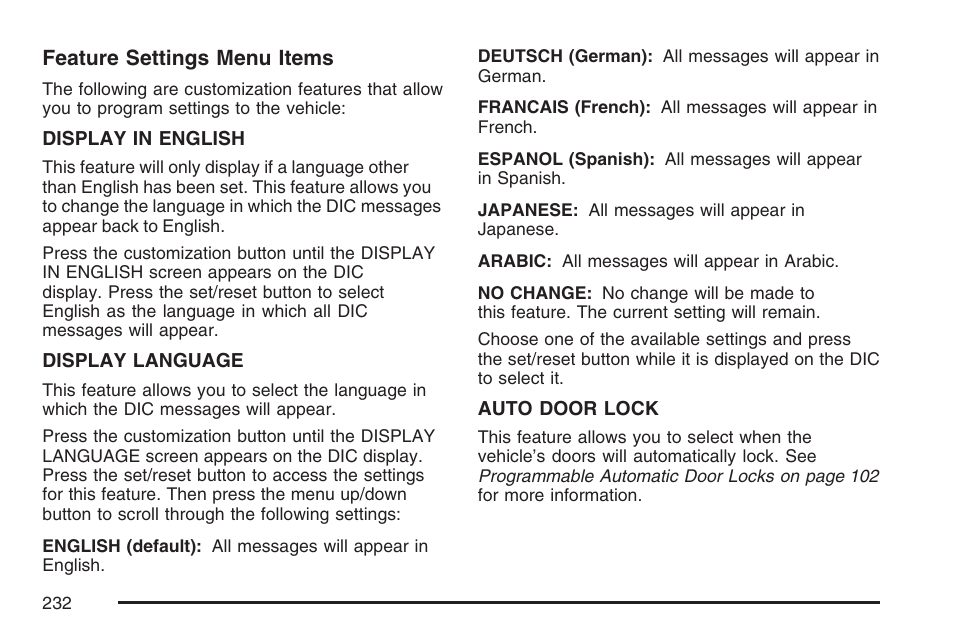 Feature settings menu items | Cadillac 2007 SRX User Manual | Page 232 / 522