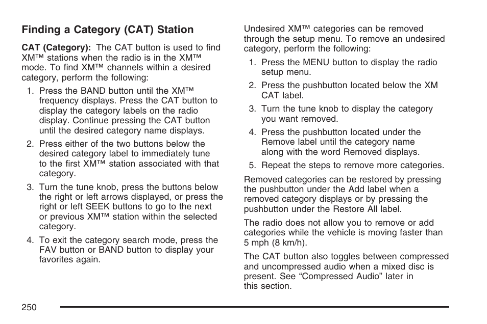 Finding a category (cat) station | Cadillac 2007 SRX User Manual | Page 250 / 522