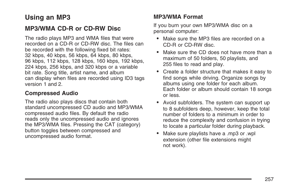 Using an mp3 | Cadillac 2007 SRX User Manual | Page 257 / 522