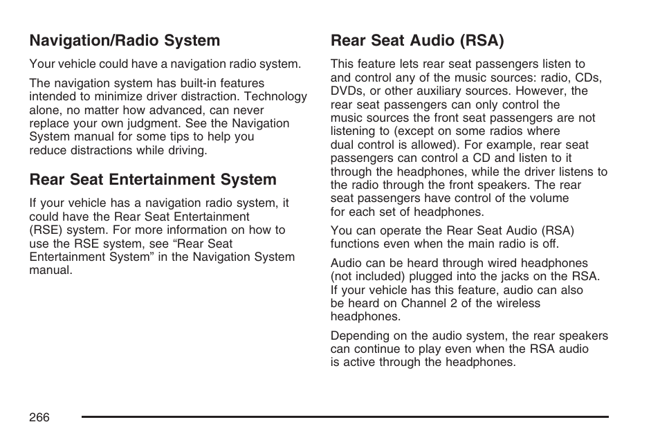 Navigation/radio system, Rear seat entertainment system, Rear seat audio (rsa) | Cadillac 2007 SRX User Manual | Page 266 / 522