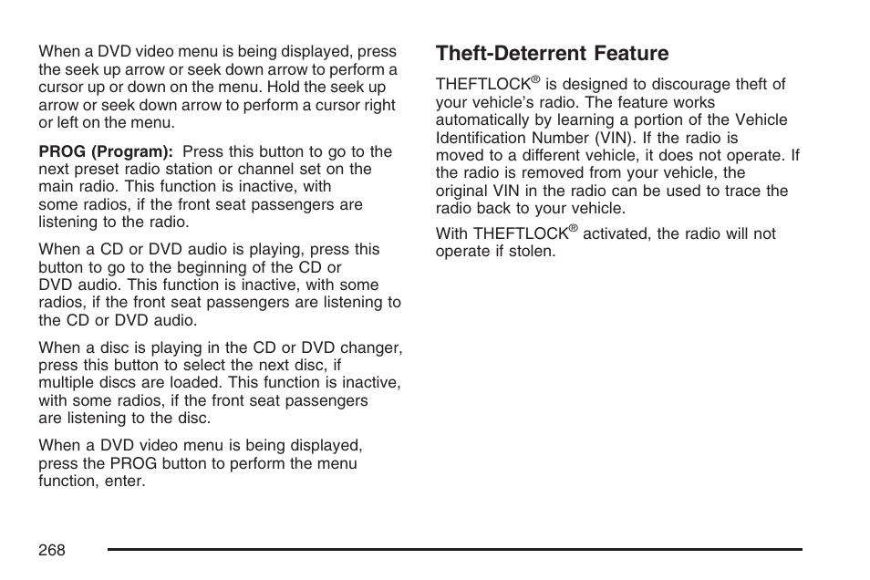 Theft-deterrent feature | Cadillac 2007 SRX User Manual | Page 268 / 522