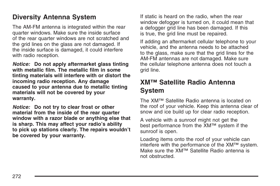 Diversity antenna system, Xm™ satellite radio antenna system | Cadillac 2007 SRX User Manual | Page 272 / 522