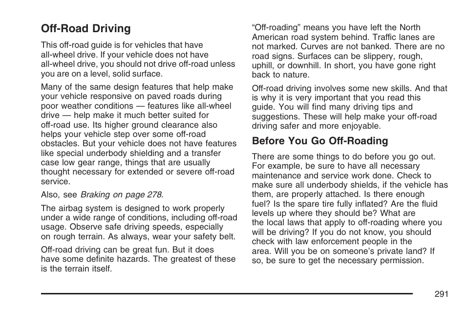 Off-road driving | Cadillac 2007 SRX User Manual | Page 291 / 522